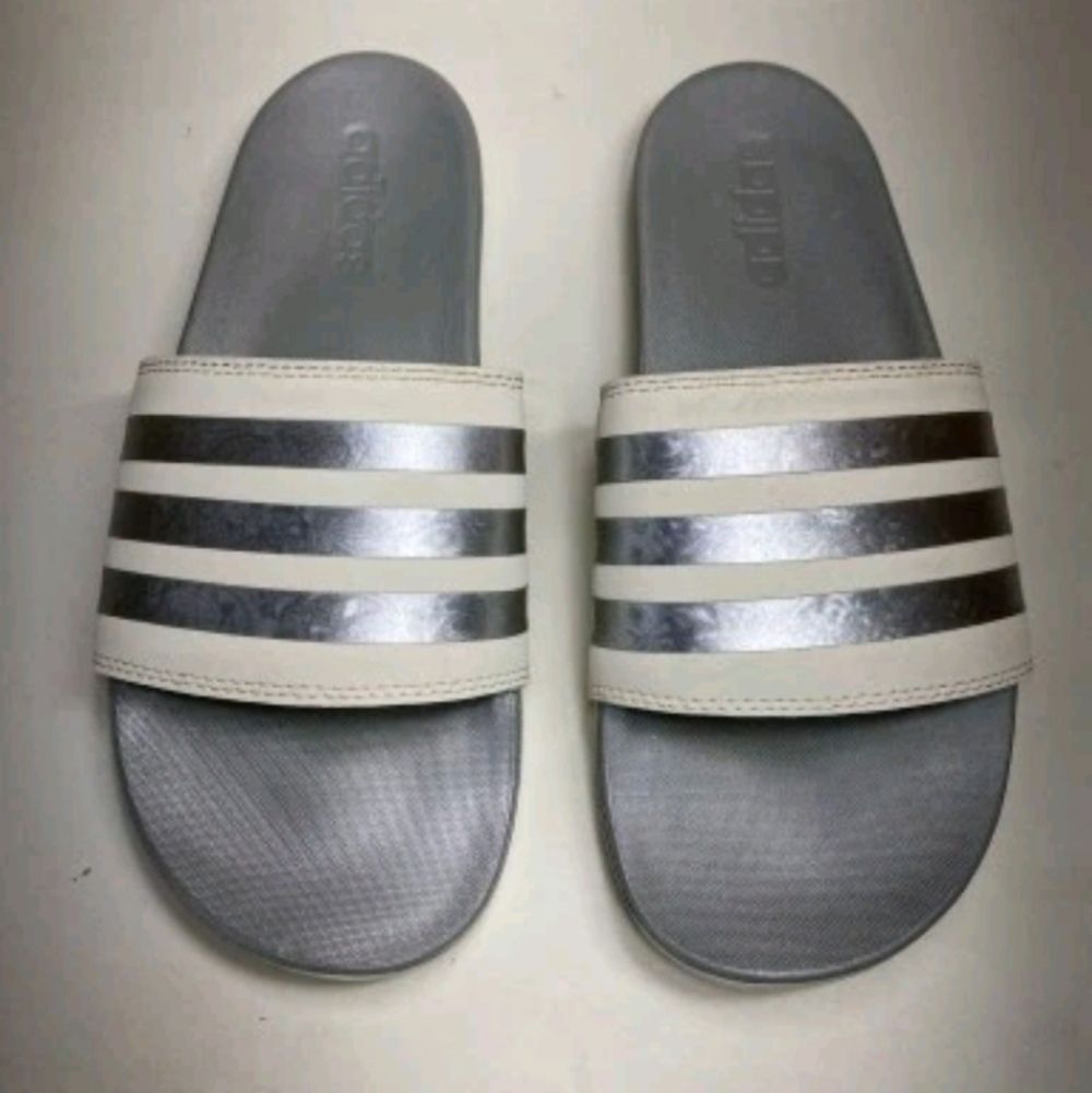 Adidas Mens Gray With Metallic Silver Stripes Sandals Slide Size US 7M Slip On